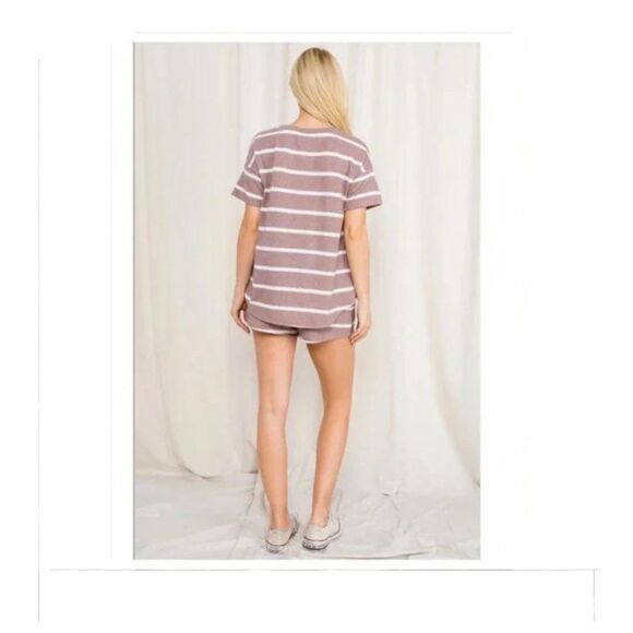 Mocha Short Sleeve Striped Top and Short Set  Sizes M-L-XL - Picture 3 of 7